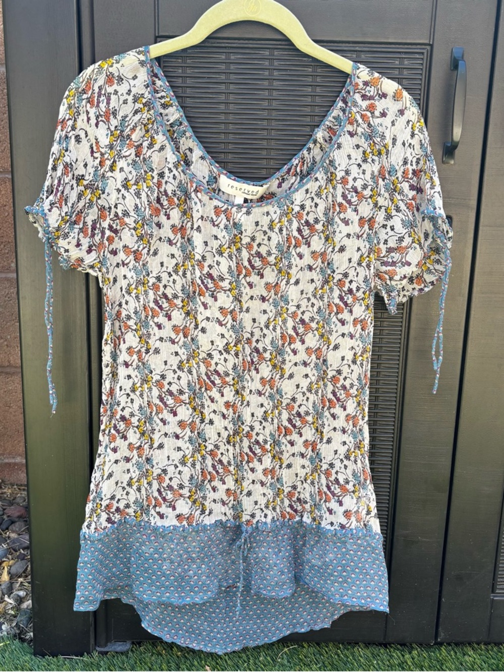 Reserved Boho Silk Top Tunic Blouse Floral Sheer Size Medium Short Sleeve